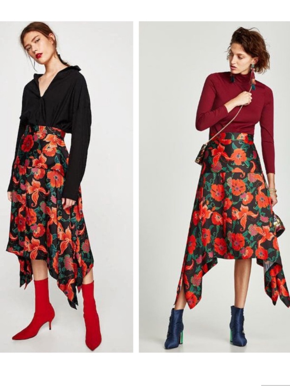 Zara Womens‎ Floral Print Satin Tie Waist High Low Midi Skirt Small S